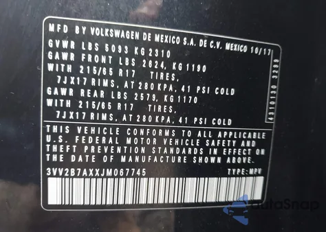 2018 Volkswagen Tiguan 2.0T Se/2.0T Sel z USA, uszkodzony, nr VIN 3VV2B7AXXJM067745